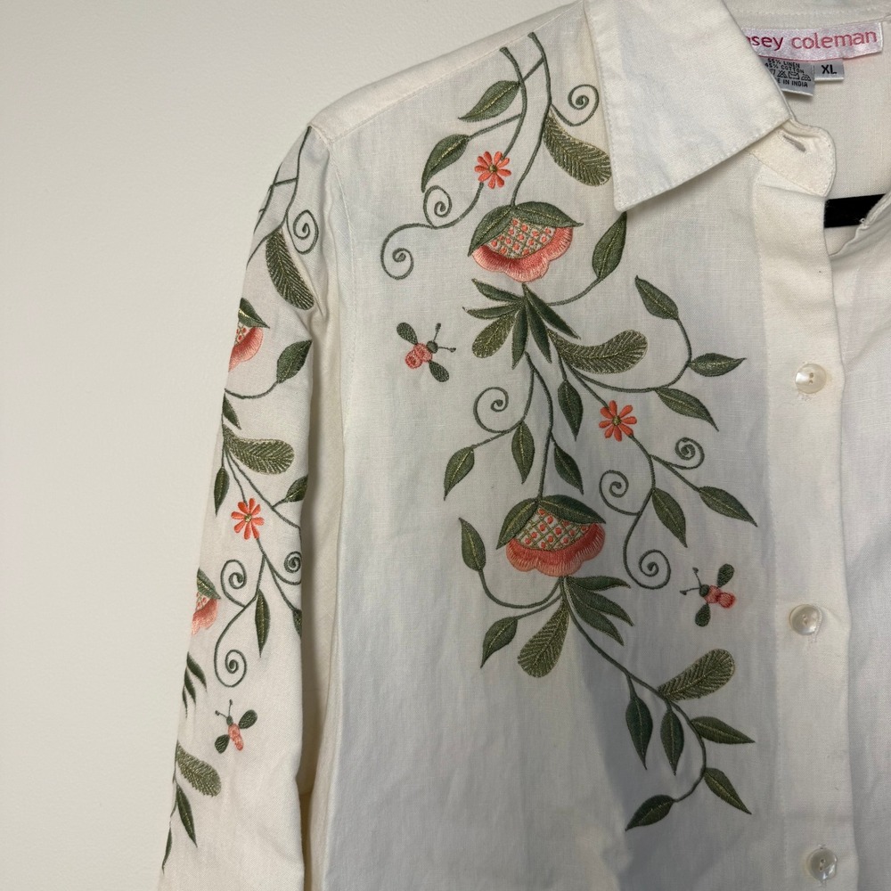 Casey Coleman White Linen Cotton Floral Embroidered Button Shirt XL Cottagecore - Picture 2 of 7